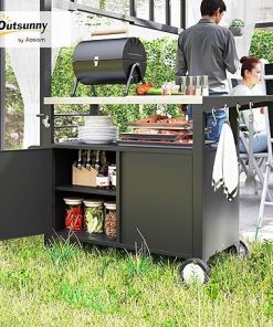 Outsunny Outdoor Grill Cart Table with Foldable Side Table, Stainless Steel Tabletop, 37.8″ x 18.1″ Pizza Oven Table with Storage & Towel Rack, Hooks, Movable Food Prep Table on Wheels 2