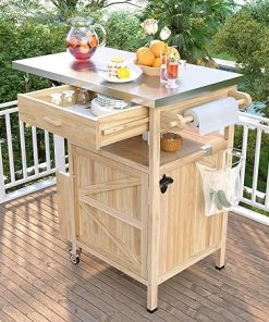 40.5" Outdoor Grill Cart with Stainless Steel Top, Foldable Fir Wood Kitchen Island with Drop Leaf, Storage Drawer, Cabinet, Spice Rack & Lockable Wheels for Backyard BBQ, Natural