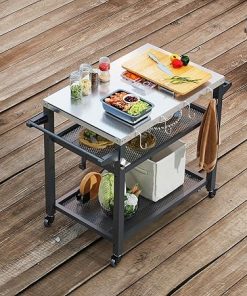 Domi 3-Shelf Outdoor Grill Table, Grill Cart with Wheels, Outdoor Pizza Oven and Food Prep Table, Stainless Steel Tabletop with Tank Hook, Griddle Stand for Blackstone Griddle Outside BBQ