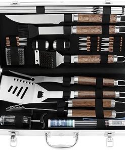 grilljoy 24PCS BBQ Grill Tools Set with Meat Thermometer and Injector - Extra Thick Stainless Steel Fork, Spatula& Tongs - Complete BBQ Accessories in Aluminum Case - Perfect Grill Gifts for Men