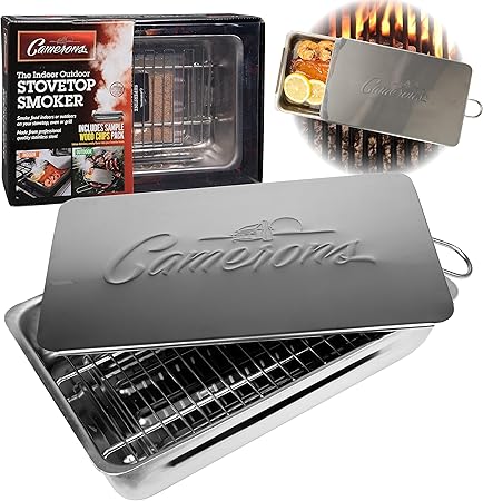 Camerons Indoor Outdoor Stovetop Smoker – Stainless Steel Barbecue Smoker Box w/Oak Wood Chips & Recipes – Works On Any Stovetop or BBQ Grill for Smoking Meats – Grilling Gift for Father’s Day Camerons Indoor Outdoor Stovetop Smoker - Stainless Steel Barbecue Smoker Box w/Oak Wood Chips & Recipes - Works On Any Stovetop or BBQ Grill for Smoking Meats - Grilling Gift for Father's Day