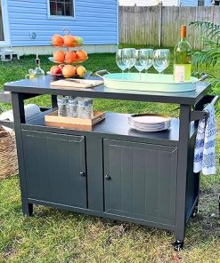 Domi Grill Carts Outdoor Storage Cabinet with Wheels, Metal Outdoor Grill Cart Kitchen Dining Table Cooking Prep BBQ Table for Patio, Kitchen Island, Home Party, Bar (Grey)