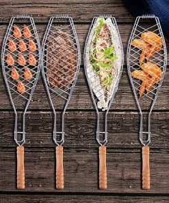 4 Pcs Wooden Handle Barbecue Net Clamp Barbecue Grill Rack Fish Grill Clip Fish Barbecue Basket Barbecue Tool for Camping Iron Grilled Net with Wooden Handle 2