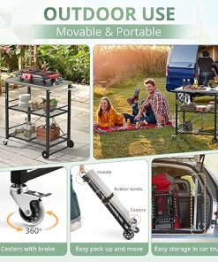 LUE BONA Foldable Outdoor Grill Cart with 2 Total Lock Casters, Stainless Steel Pizza Oven Stand, Rolling BBQ Table and 3 Shelf Folding Kitchen Island, Black 2