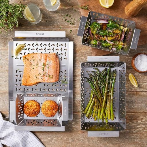 ZWILLING BBQ+ Grill Basket Set of 4, 2 Small Grill Baskets, 1 Medium Grill Basket, 1 Grill Topper, Even Heat Distribution, Nestable for Storage - Image 2