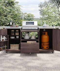 RUNNA Outdoor Kitchen Island for Big Green Egg Grills, Solid Wood Outdoor Grill Cart for Tabletop Grill with Stainless Steel Top, Drawer, Compatible with Large Big Green Egg, Kamado Joe (Brown@029)