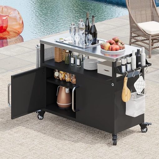 54.5" Outdoor Grill Cart with Storage Cabinet, Metal Grill Cart Table with Movable Universal Wheels and Stainless Steel Top, for Patio, Kitchen Prep, Grilling Accessories, Black - Image 2