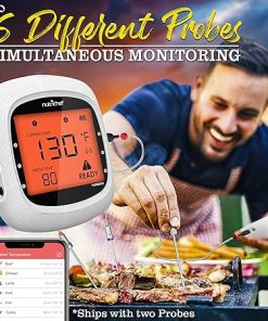NutriChef Bluetooth Meat Thermometer for Grilling and Smoking, up to 6 Temperature Probes and Smart APP, 400 Ft Range, LCD 2